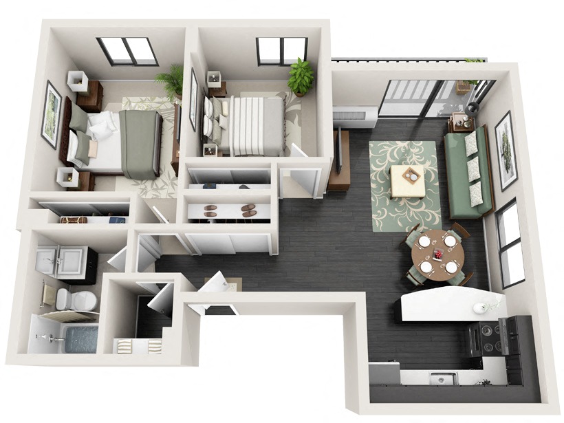 Floor plan for 2 beds, 1 bath, 828 sqft